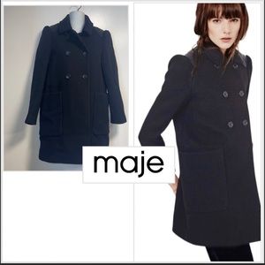 Maje Gabrielle Pea Coat with Leather Trim Size S